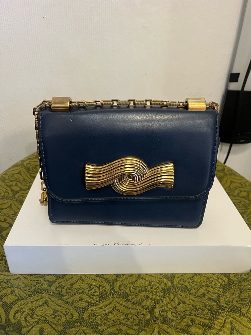 Zara Navy Shoulder Bag with Gold Wave Accent